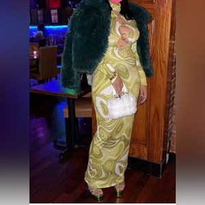 Green and white maxi dress